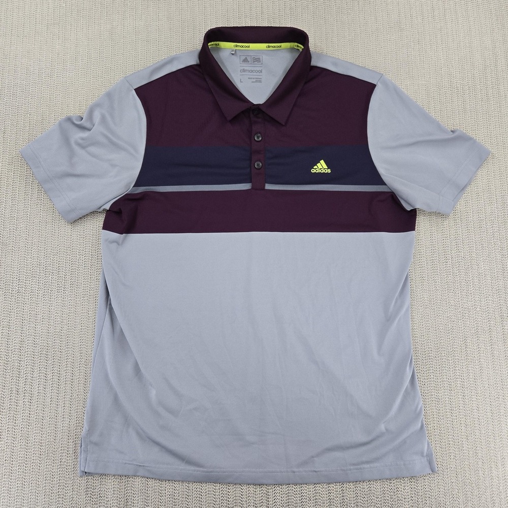 Adidas Polo Shirt Mens Large Gray Maroon Colorblock Climacool Golf Short Sleeve